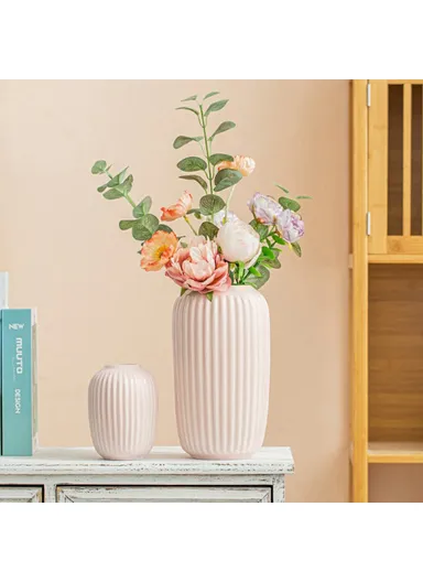 Modern Ceramic Striped Vase Flower Arrangement Container Living Room Decor - White / Large