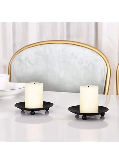 American Style Round Metal Candle Holder Plate Wedding Decor Candlestick Iron Tray, Size L - Black