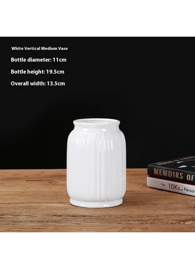 European Modern Minimalist Ceramic Striped Vase Home Decor Living Room Flower Arrangement Container - White / Medium