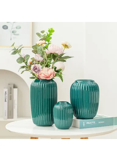 Modern Ceramic Striped Vase Flower Arrangement Container Living Room Decor - Cyan / Small