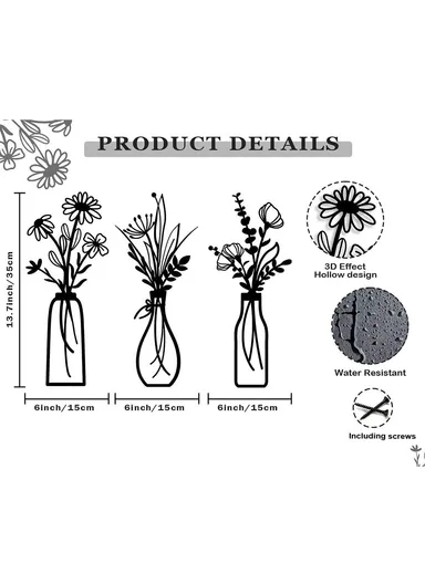 3Pcs / Set Metal Wall Art Floral Design Decorative Iron Wall Hanging Living Room Bedroom Home Decor