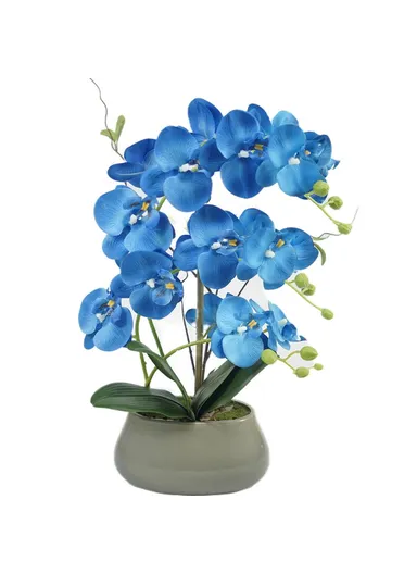 Artificial Phalaenopsis Orchid Potted Plant Silk Cloth Flower Home Office Realistic Faux Floral Decor - Blue