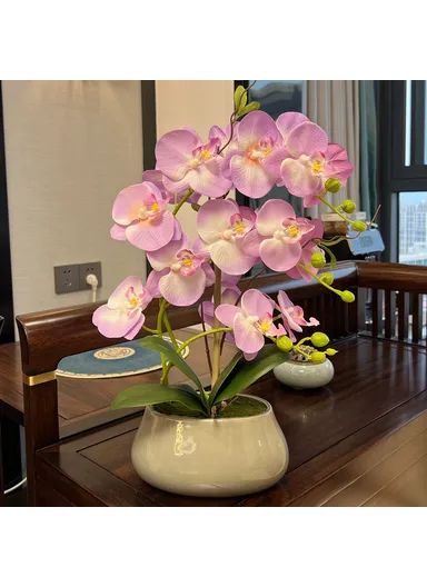 Artificial Phalaenopsis Orchid Potted Plant Silk Cloth Flower Home Office Realistic Faux Floral Decor - Light Purple