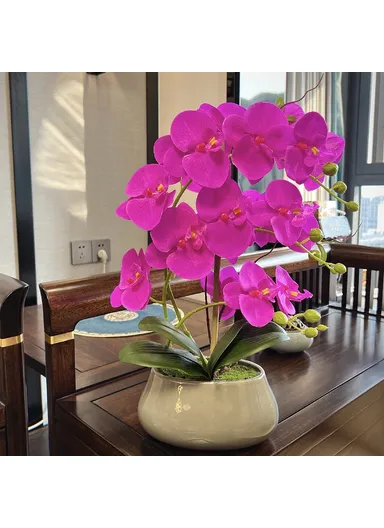 Artificial Phalaenopsis Orchid Potted Plant Silk Cloth Flower Home Office Realistic Faux Floral Decor - Purple