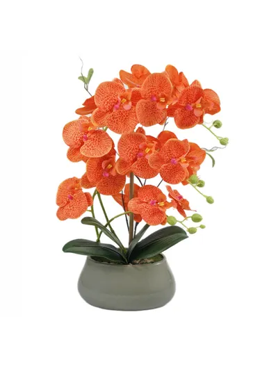 Artificial Phalaenopsis Orchid Potted Plant Silk Cloth Flower Home Office Realistic Faux Floral Decor - Orange