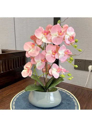 Artificial Phalaenopsis Orchid Potted Plant Silk Cloth Flower Home Office Realistic Faux Floral Decor - Light Pink