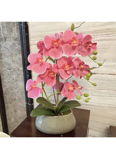 Artificial Phalaenopsis Orchid Potted Plant Silk Cloth Flower Home Office Realistic Faux Floral Decor - Pink