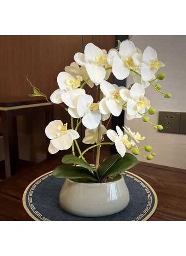 Artificial Phalaenopsis Orchid Potted Plant Silk Cloth Flower Home Office Realistic Faux Floral Decor - White
