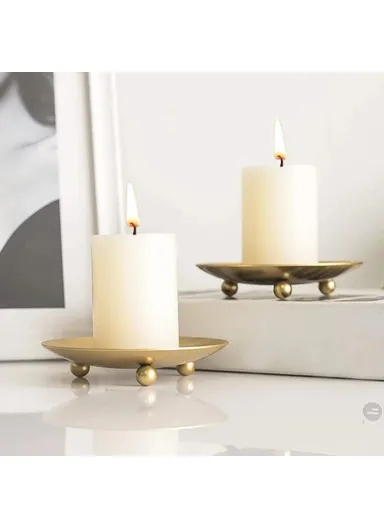 American Style Round Metal Candle Holder Plate Wedding Decor Candlestick Iron Tray, Size S - Gold