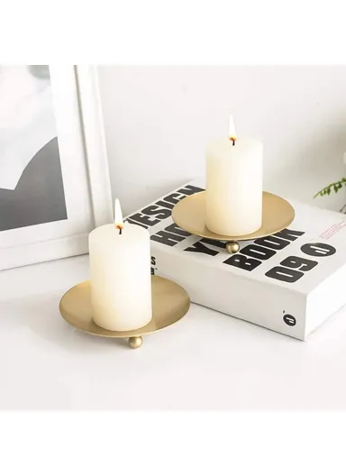 American Style Round Metal Candle Holder Plate Wedding Decor Candlestick Iron Tray, Size S - Gold