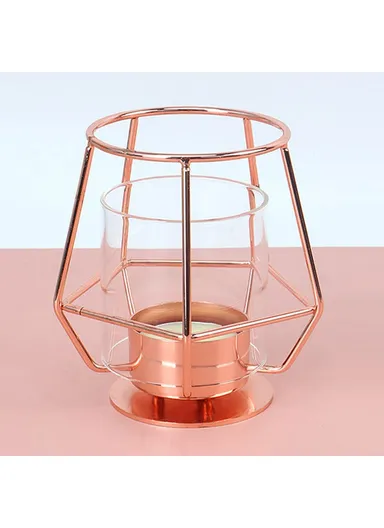 Modern Metal Candle Holder with Glass Cover Table Small Ornament Romantic Candle Cup - Rose Gold