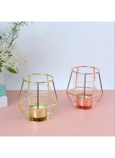 Modern Metal Candle Holder with Glass Cover Table Small Ornament Romantic Candle Cup - Black