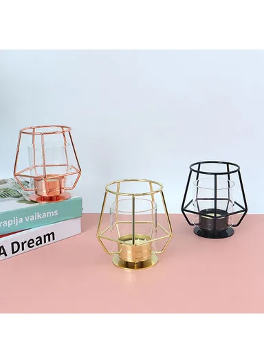 Modern Metal Candle Holder with Glass Cover Table Small Ornament Romantic Candle Cup - Black