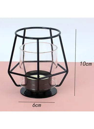Modern Metal Candle Holder with Glass Cover Table Small Ornament Romantic Candle Cup - Black
