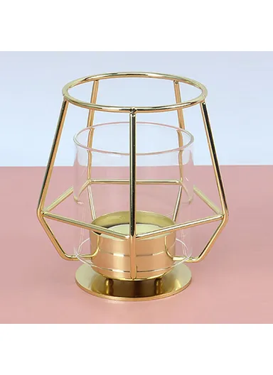 Modern Metal Candle Holder with Glass Cover Table Small Ornament Romantic Candle Cup - Gold