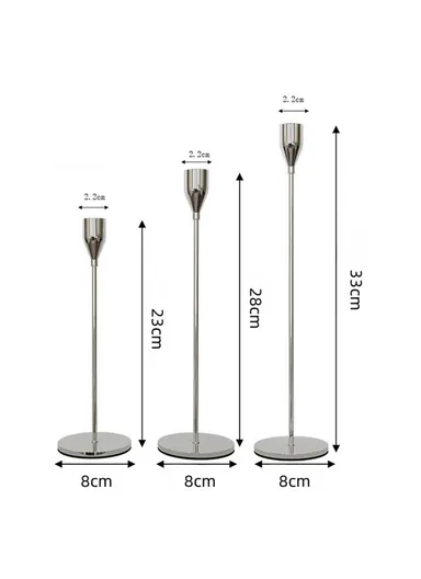 3Pcs Taper Candle Holders Dining Table Decor Romantic Candlelight Dinner Centerpiece - Silver
