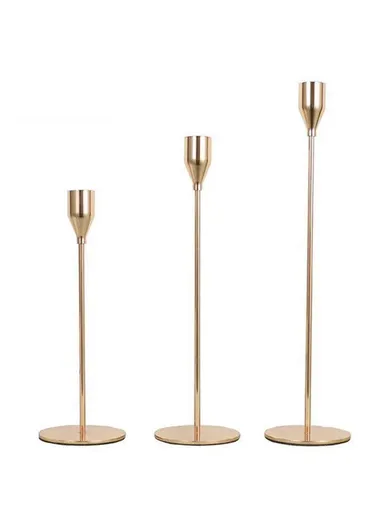 3Pcs Taper Candle Holders Dining Table Decor Romantic Candlelight Dinner Centerpiece - Bright Gold