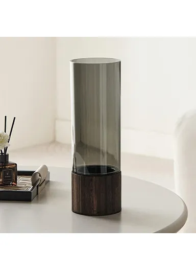 10x30cm Minimalist Flower Vase with Wooden Base PET Transparent Cylinder Vase Living Room Decoration - Grey