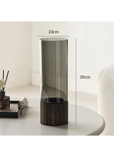 10x30cm Minimalist Flower Vase with Wooden Base PET Transparent Cylinder Vase Living Room Decoration - Grey