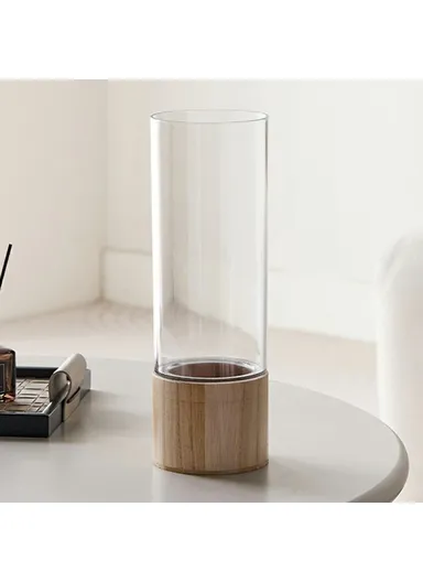 10x30cm Minimalist Flower Vase with Wooden Base PET Transparent Cylinder Vase Living Room Decoration - Wood Color