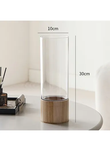 10x30cm Minimalist Flower Vase with Wooden Base PET Transparent Cylinder Vase Living Room Decoration - Wood Color