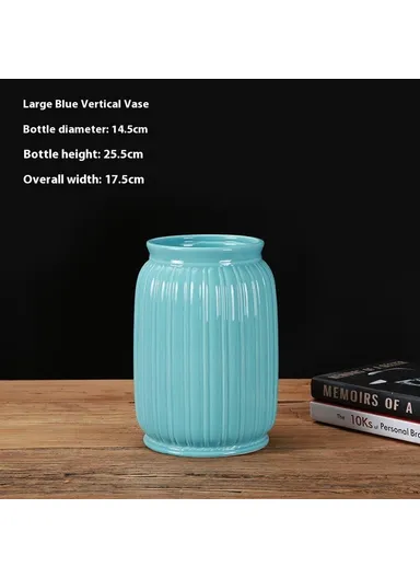 Large Size European Modern Minimalist Ceramic Striped Vase Home Decor Living Room Flower Arrangement Container - Blue