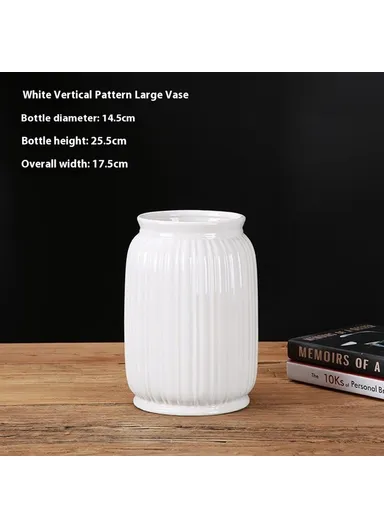 Large Size European Modern Minimalist Ceramic Striped Vase Home Decor Living Room Flower Arrangement Container - White
