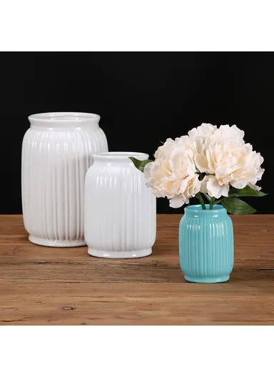 Large Size European Modern Minimalist Ceramic Striped Vase Home Decor Living Room Flower Arrangement Container - White