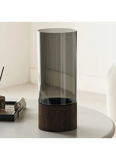 12x30cm Minimalist Flower Vase with Wooden Base, PET Transparent Cylinder Vase Living Room Decoration - Grey