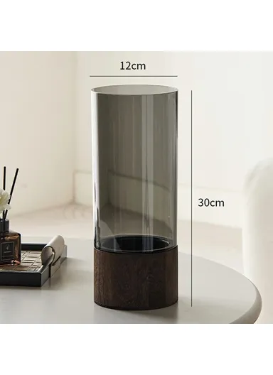 12x30cm Minimalist Flower Vase with Wooden Base, PET Transparent Cylinder Vase Living Room Decoration - Grey