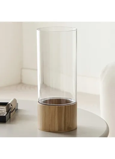 12x30cm Minimalist Flower Vase with Wooden Base, PET Transparent Cylinder Vase Living Room Decoration - Wood Color