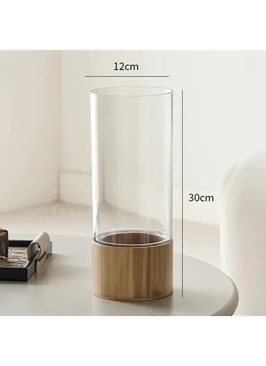 12x30cm Minimalist Flower Vase with Wooden Base, PET Transparent Cylinder Vase Living Room Decoration - Wood Color
