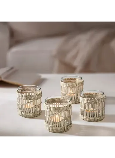 Handcrafted Sedge Glass Cup Tealight Candle Holder Decorative Tabletop Ornament