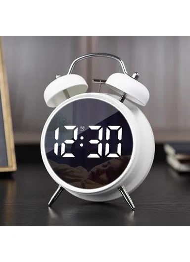 LED Screen Alarm Clock 120dB Loud Electroplated Metal Clock with Night Light - White