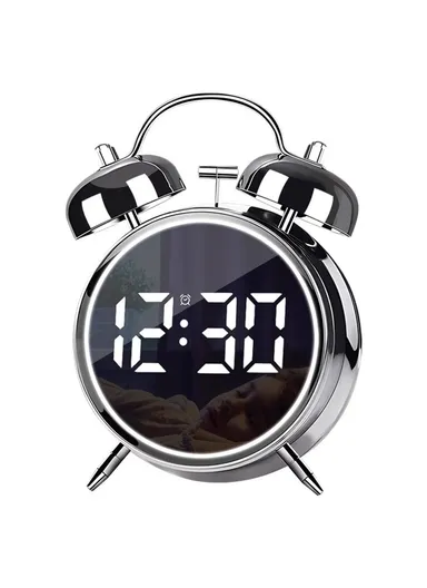 LED Screen Alarm Clock 120dB Loud Electroplated Metal Clock with Night Light - Silver