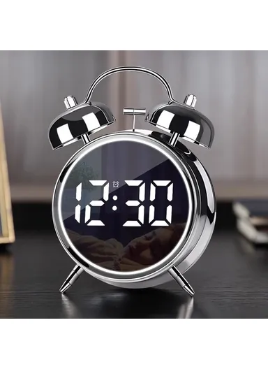 LED Screen Alarm Clock 120dB Loud Electroplated Metal Clock with Night Light - Silver