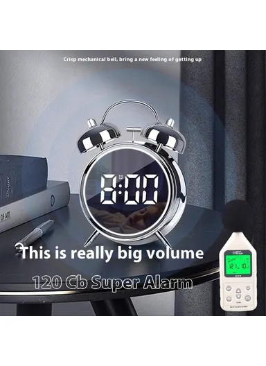LED Screen Alarm Clock 120dB Loud Electroplated Metal Clock with Night Light - Silver