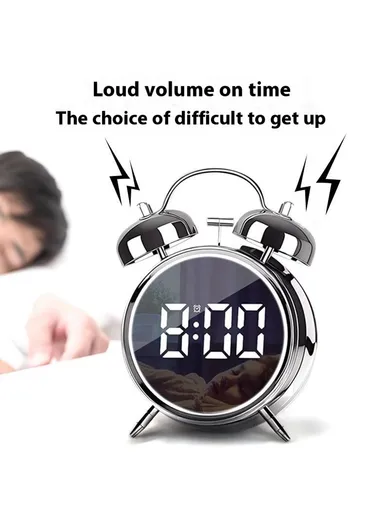 LED Screen Alarm Clock 120dB Loud Electroplated Metal Clock with Night Light - Silver