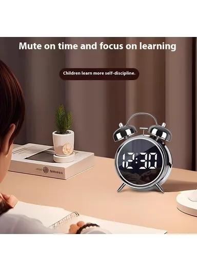 LED Screen Alarm Clock 120dB Loud Electroplated Metal Clock with Night Light - Silver