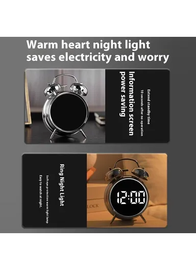 LED Screen Alarm Clock 120dB Loud Electroplated Metal Clock with Night Light - Silver