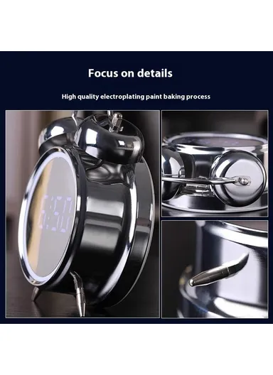 LED Screen Alarm Clock 120dB Loud Electroplated Metal Clock with Night Light - Silver