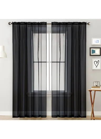 100x130cm Solid Color Semi Sheer Curtain Panel Rod Pocket Design Tulle Blind Window Treatment - Black