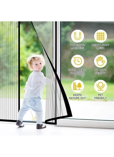 Magnetic Mesh Door Curtain Auto Close Insect Screen Quiet Operation Fly Screen (Without Hook) - Black Stripe