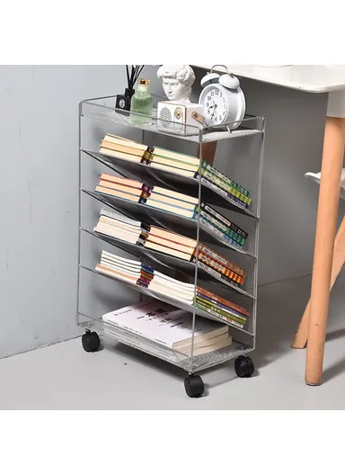 Movable Desk Side Storage Rack with Wheels Multi-Tier Book Organizer Slim Rolling Cart - Silver / Large