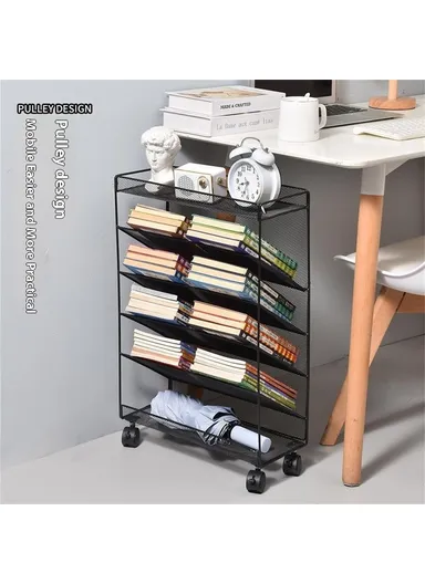 Movable Desk Side Storage Rack with Wheels Multi-Tier Book Organizer Slim Rolling Cart - Silver / Large