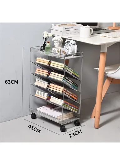 Movable Desk Side Storage Rack with Wheels Multi-Tier Book Organizer Slim Rolling Cart - Silver / Large