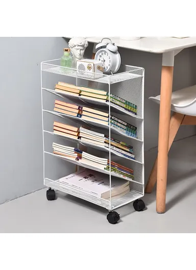Movable Desk Side Storage Rack with Wheels Multi-Tier Book Organizer Slim Rolling Cart - White / Large