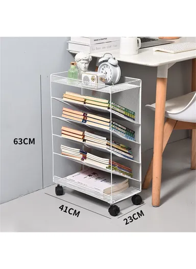 Movable Desk Side Storage Rack with Wheels Multi-Tier Book Organizer Slim Rolling Cart - White / Large