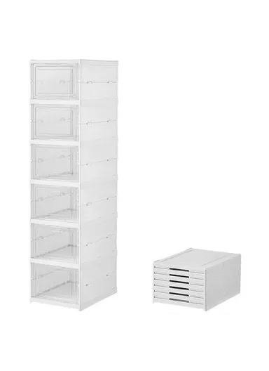 6 Layer No Installation Foldable Shoe Box Transparent Door Plastic Stackable Storage Container - White