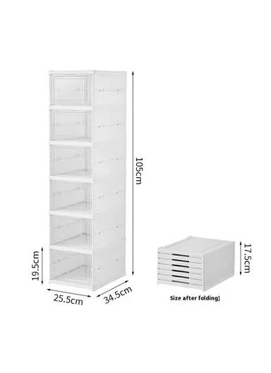 6 Layer No Installation Foldable Shoe Box Transparent Door Plastic Stackable Storage Container - White